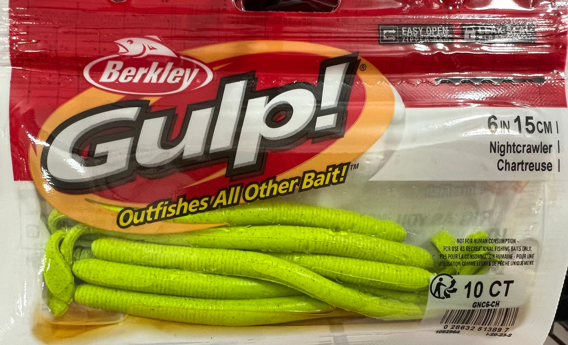 ***BLOW OUT SALE*** Berkley GNC6-CH Gulp! Nightcrawler, 6", 10pk, Chartreuse