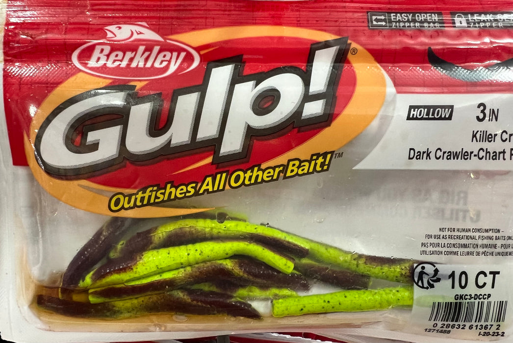 ***BLOW OUT SALE*** Berkley GKC3-DCCP Gulp! Killer Crawler,3" 10pk, Dark Crawler- Chartreuse Pepper