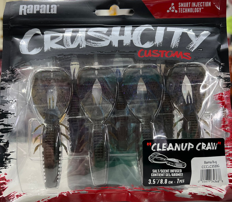 Rapala CCCLC35BBG CrushCity Cleanup Craw, 3.5", Salt/Scent Infused, 7 Per Package, Bama Bug